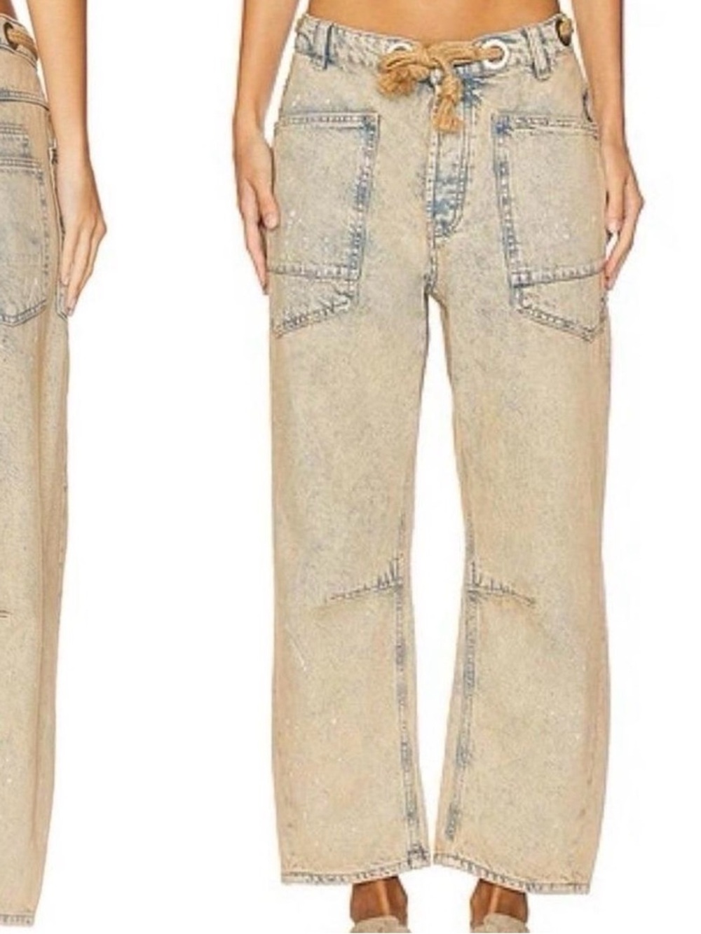 We The Free Washed Tan Straight-Leg Jeans with Rope Waist